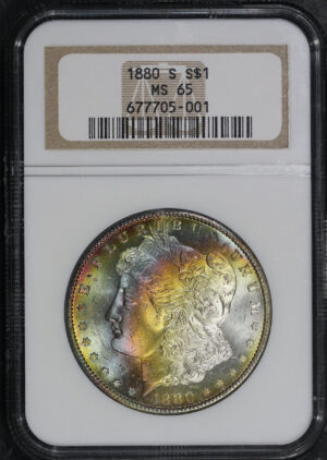 Obverse of this 1880-S Morgan Dollar NGC MS-65 Vibrant Rainbow Toning