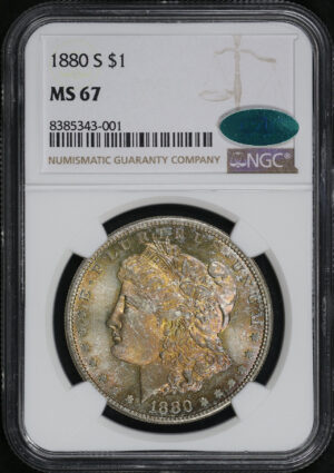 Obverse of this 1880-S Morgan Dollar NGC MS-67 CAC Obverse Orange Toning