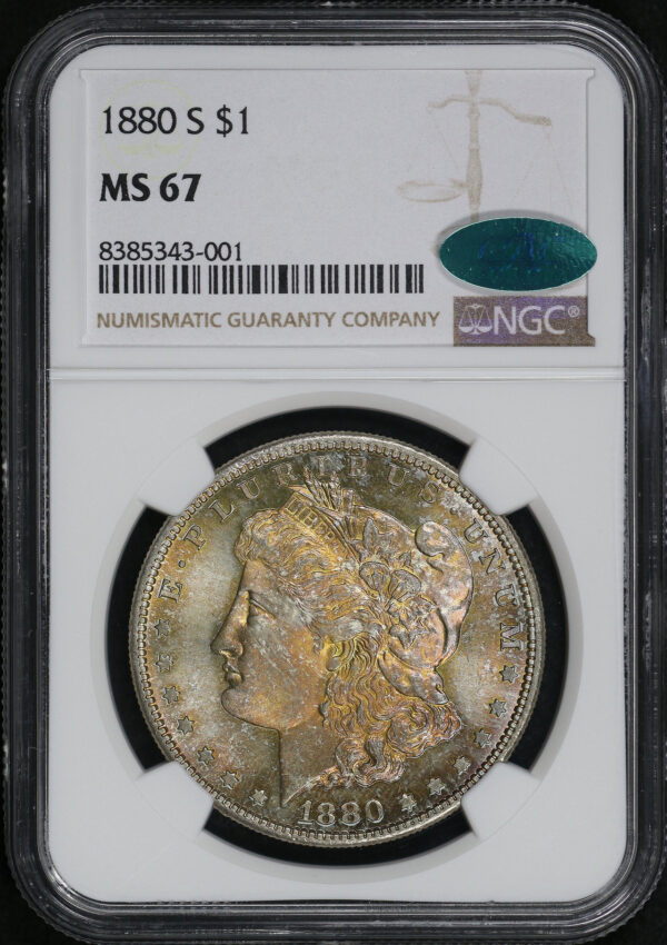 Obverse of this 1880-S Morgan Dollar NGC MS-67 CAC Obverse Orange Toning