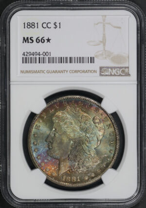 Obverse of this 1881-CC Morgan Dollar NGC MS-66★ Blue, Green, & Sunset Hue Obverse Toning