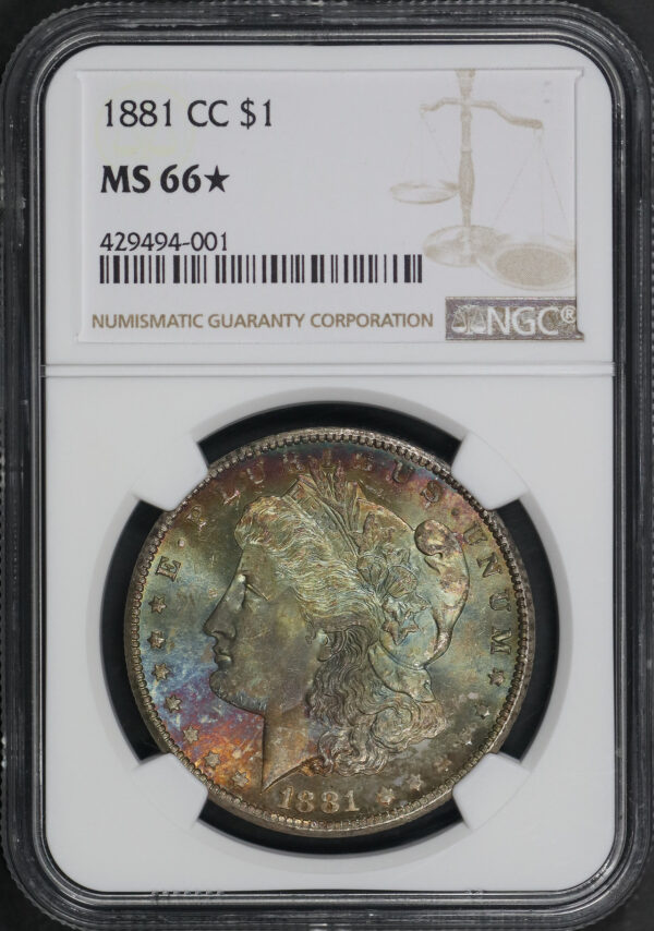 Obverse of this 1881-CC Morgan Dollar NGC MS-66★ Blue, Green, & Sunset Hue Obverse Toning
