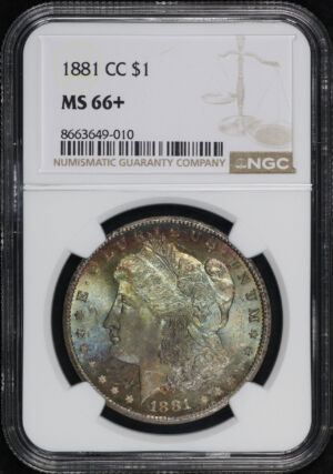 Obverse of this 1881-CC Morgan Dollar NGC MS-66+ Banded Rainbow Obverse Toning