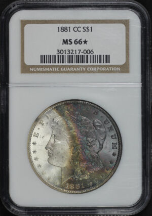 Obverse of this 1881-CC Morgan Dollar NGC MS-66★ Obverse Crescent Rainbow Toning