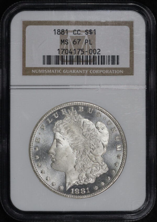 Obverse of this 1881-CC Morgan Dollar NGC MS-67 PL