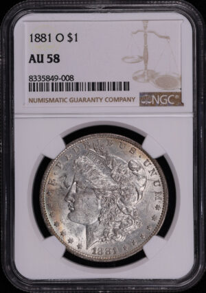 Obverse of this 1881-O Morgan Dollar NGC AU-58 – Green & Violet Reverse Crescent Toning