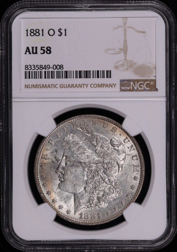Obverse of this 1881-O Morgan Dollar NGC AU-58 – Green & Violet Reverse Crescent Toning