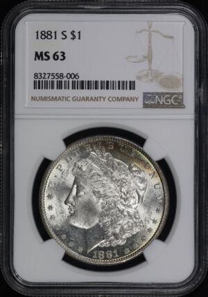 Obverse of this 1881-S Morgan Dollar NGC MS-63 – Blue, Green, & Sunset Hue Rim Toning