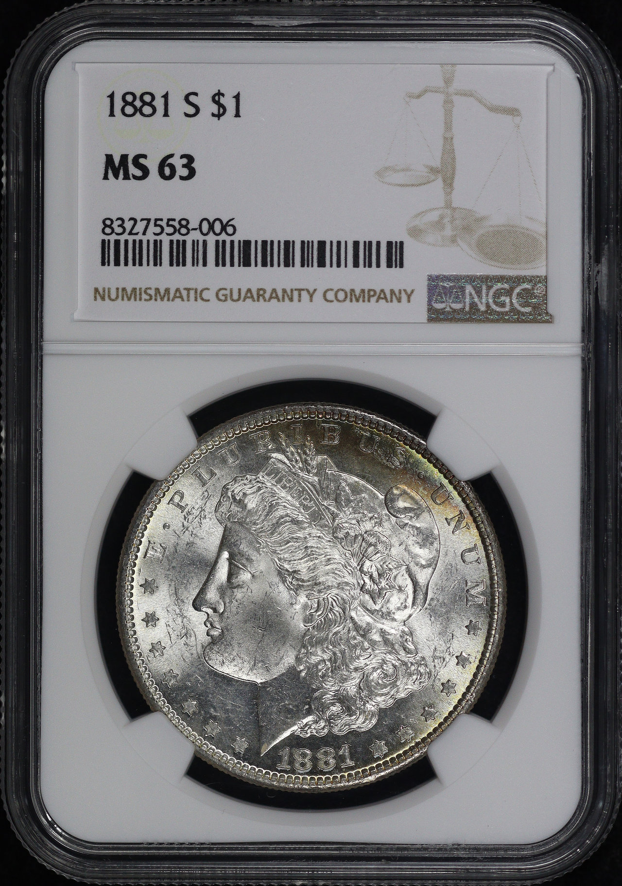 Obverse of this 1881-S Morgan Dollar NGC MS-63 – Blue, Green, & Sunset Hue Rim Toning