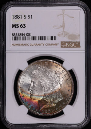 Obverse of this 1881-S Morgan Dollar NGC MS-63 – Rainbow Obverse End of Roll Toning