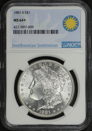 Obverse of this 1881-S Morgan Dollar NGC MS-64+ Smithsonian Institution Label