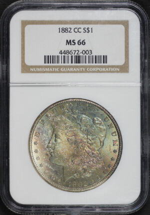 Obverse of this 1882-CC Morgan Dollar NGC MS-66 Obverse Green, Blue and Gold Toning