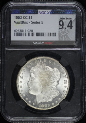 Obverse of this 1882-CC Morgan Dollar NGC MS-9.4 Vaultbox-Series 5