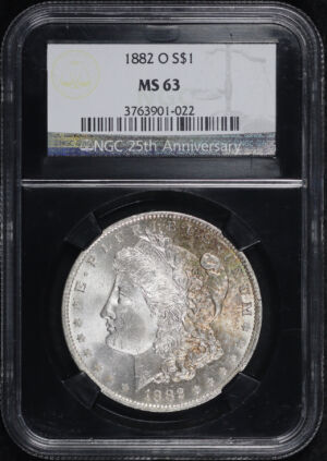 Obverse of this 1882-O Morgan Dollar NGC MS-63 Black Core NGC 25th Anniversary Label