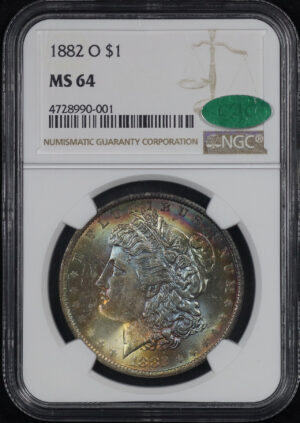Obverse of this 1882-O Morgan Dollar NGC MS-64 CAC Obverse Rainbow Toning