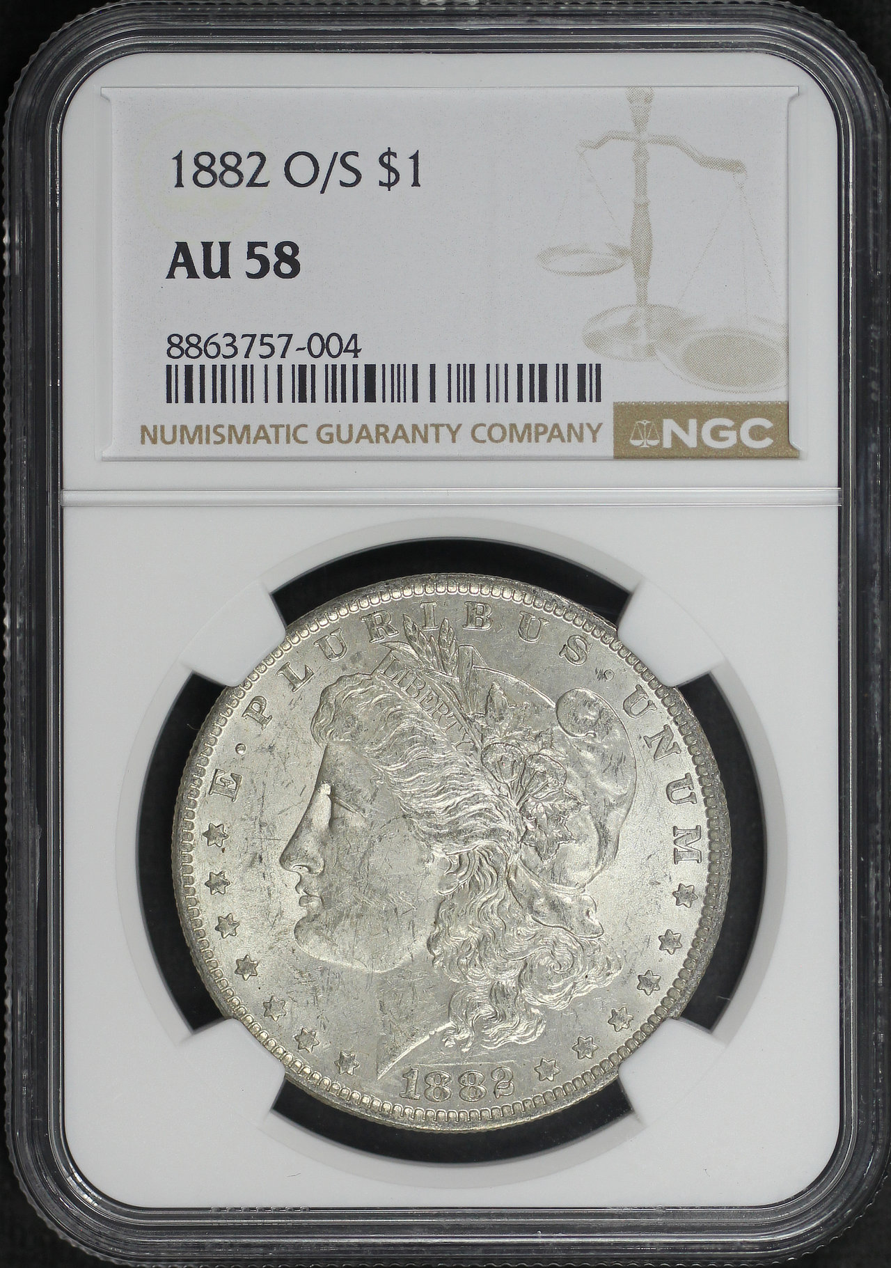 Obverse of this 1882-O/S Morgan Dollar NGC AU-58