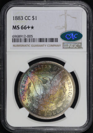 Obverse of this 1883-CC Morgan Dollar NGC MS-66+ ★ CAC Banded Rainbow Reverse Toning