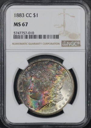 Obverse of this 1883-CC Morgan Dollar NGC MS-67 Dark Crescent Rainbow Obverse Toning