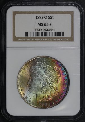 Obverse of this 1883-O Morgan Dollar NGC MS-63★ Dark Velvety Rainbow Obverse Toning