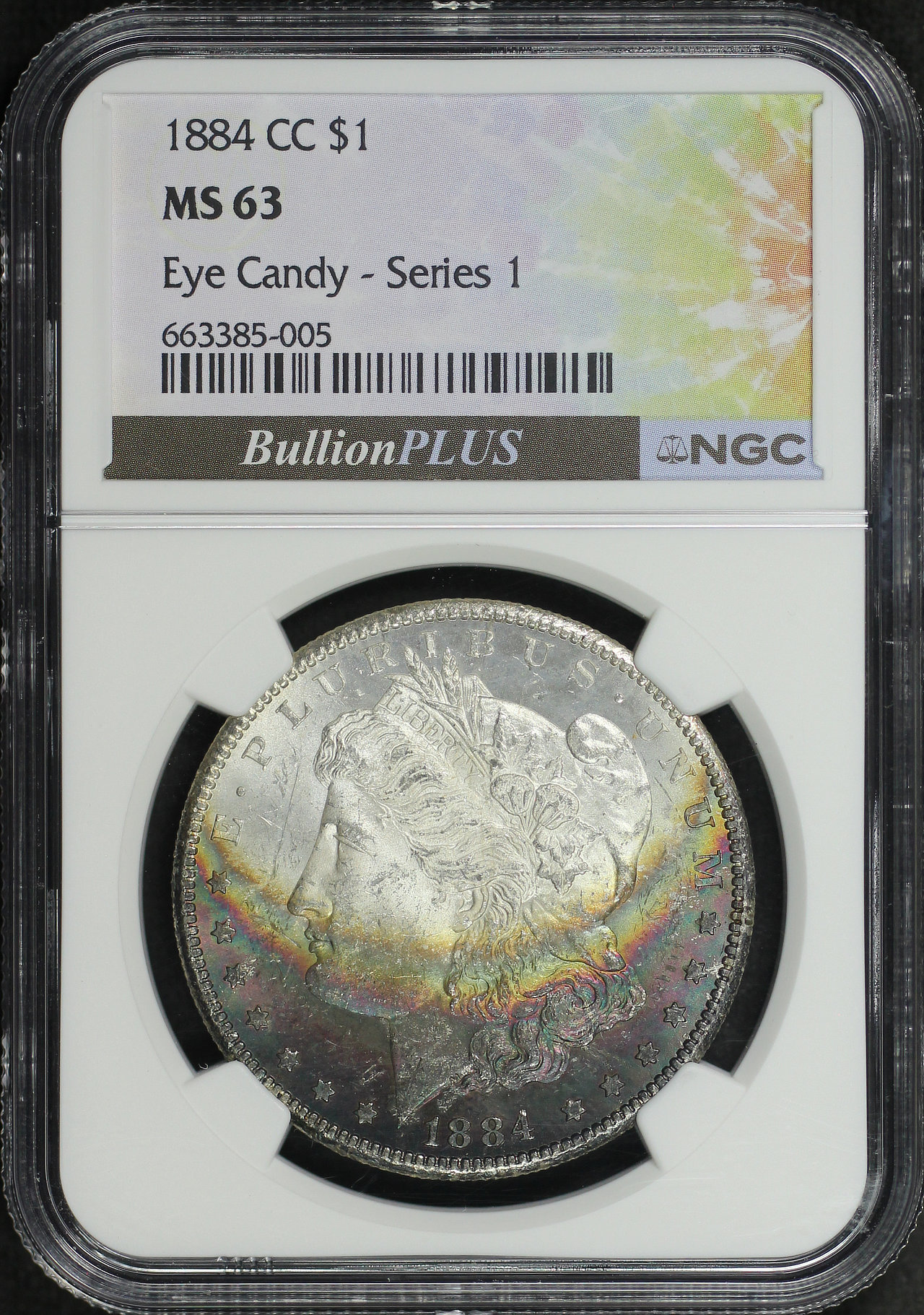 Obverse of this 1884-CC Morgan Dollar NGC MS-63 Eye Candy – Series 1 Bullion Plus Label, Dark Banded Rainbow Crescent Toning
