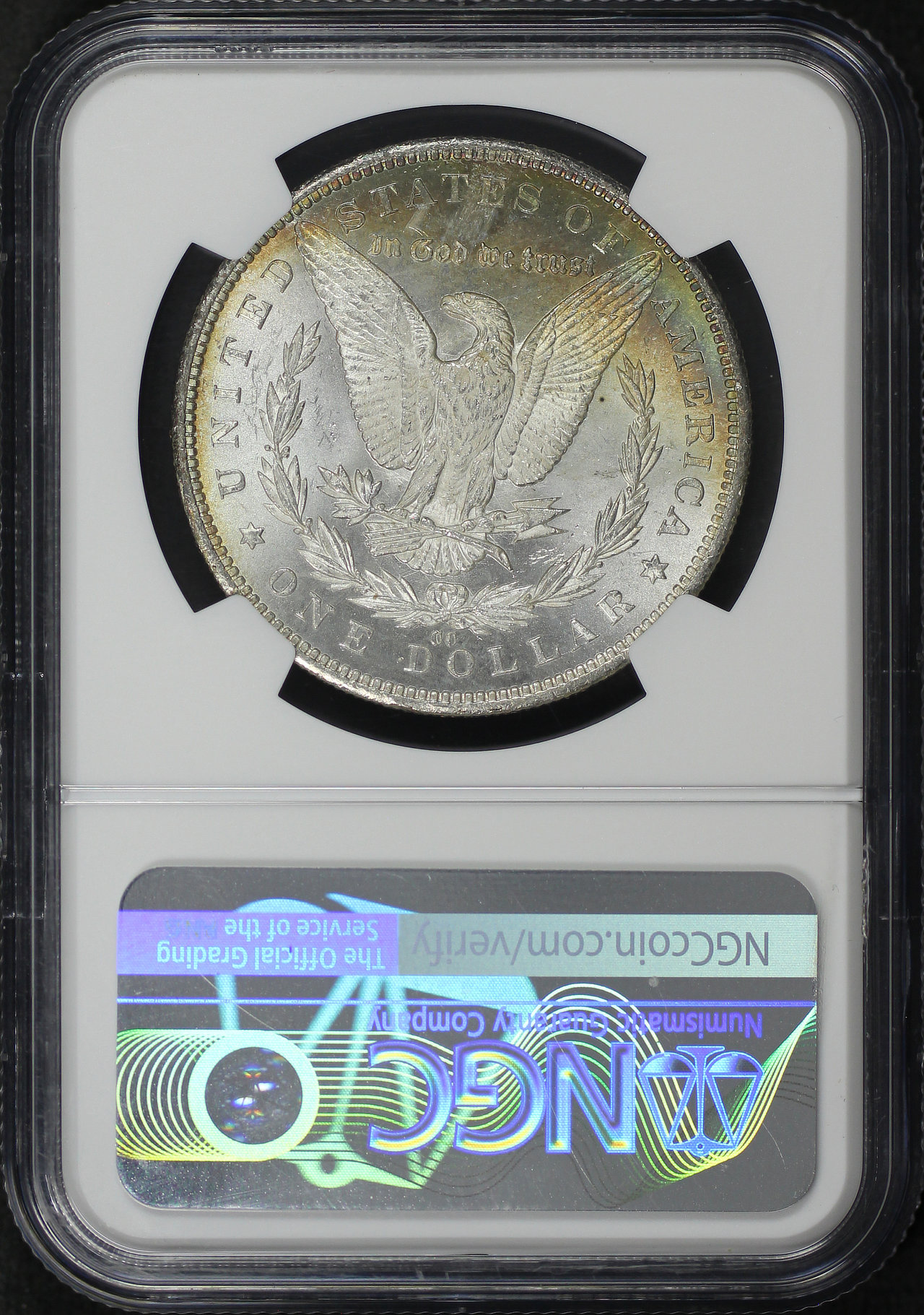 Reverse of this 1884-CC Morgan Dollar NGC MS-63 Eye Candy – Series 1 Bullion Plus Label, Dark Banded Rainbow Crescent Toning