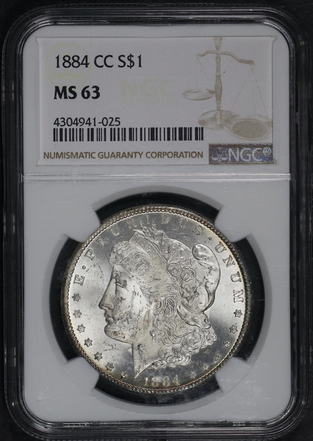 Obverse of this 1884-CC Morgan Dollar NGC MS-63
