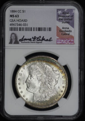 Obverse of this 1884-CC Morgan Dollar NGC MS-63 Anna Escobedo Cabral GSA Hoard Signature Label