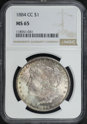 Obverse of this 1884-CC Morgan Dollar NGC MS-65