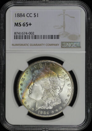 Obverse of this 1884-CC Morgan Dollar NGC MS-65+ Crescent Rainbow Toning