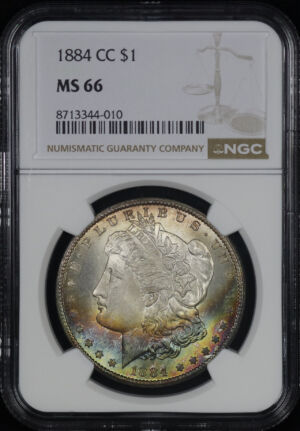 Obverse of this 1884-CC Morgan Dollar NGC MS-66 Rainbow Toning