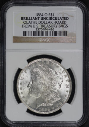 Obverse of this 1884-O Morgan Dollar NGC UNC- Olathe Dollar Hoard From U.S. Treasury Bags