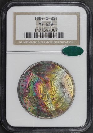 Obverse of this 1884-O Morgan Dollar NGC MS-63★ CAC Dark Variegated Neon Reverse Toning