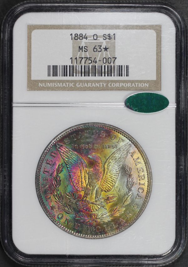 Obverse of this 1884-O Morgan Dollar NGC MS-63★ CAC Dark Variegated Neon Reverse Toning
