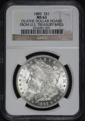 Obverse of this 1885 Morgan Dollar NGC MS-63 Olathe Dollar Hoard From U.S. Treasury Bags