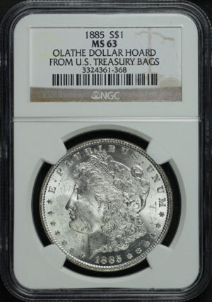 Obverse of this 1885 Morgan Dollar NGC MS-63 Olathe Dollar Hoard From U.S.Treasury Bags