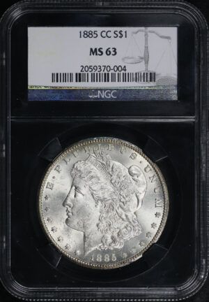 Obverse of this 1885-CC Morgan Dollar NGC MS-63 Black Retro Holder