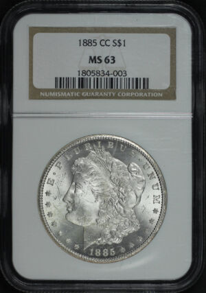 Obverse of this 1885-CC Morgan Dollar NGC MS-63