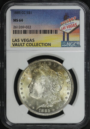 Obverse of this 1885-CC Morgan Dollar NGC MS-64 Las Vegas Vault Collection Label