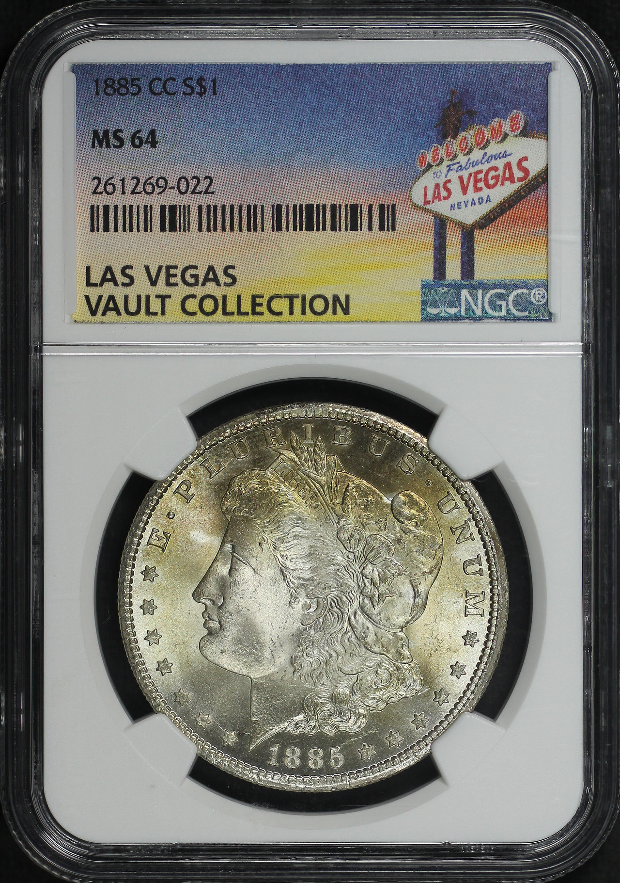 Obverse of this 1885-CC Morgan Dollar NGC MS-64 Las Vegas Vault Collection Label