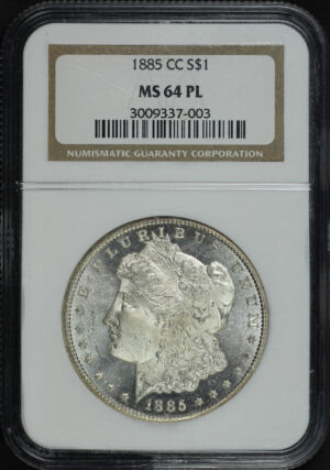 Obverse of this 1885-CC Morgan Dollar NGC MS-64 PL