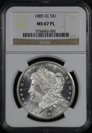 Obverse of this 1885-CC Morgan Dollar NGC MS-67 PL