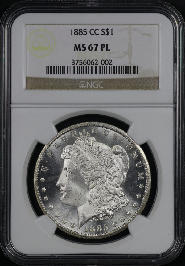 Obverse of this 1885-CC Morgan Dollar NGC MS-67 PL