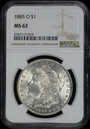 Obverse of this 1885-O Morgan Dollar NGC MS-62