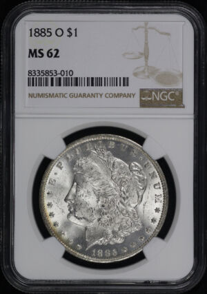 Obverse of this 1885-O Morgan Dollar NGC MS-62 – Blue, Green, & Sunset Hue Reverse Tab Toning