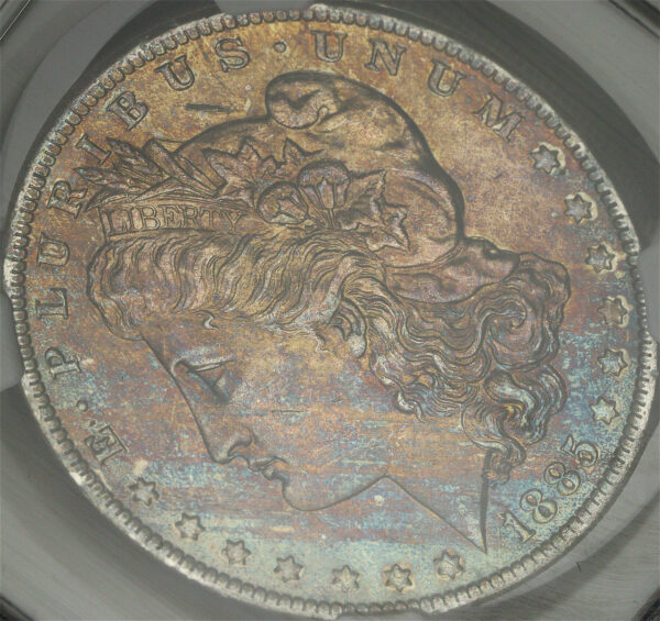 Gallery image of this 1885-O Morgan Dollar NGC MS-63 Blue & Sunset Hue Obverse Toning