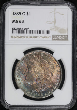 Obverse of this 1885-O Morgan Dollar NGC MS-63 Blue & Sunset Hue Obverse Toning