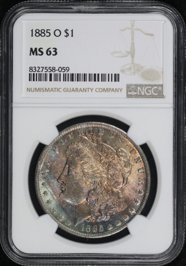 Obverse of this 1885-O Morgan Dollar NGC MS-63 Blue & Sunset Hue Obverse Toning
