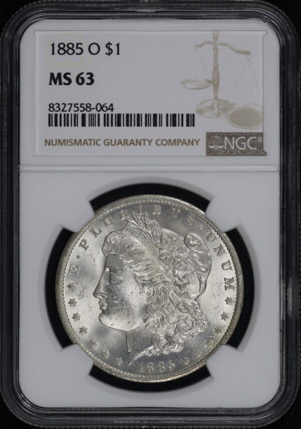 Obverse of this 1885-O Morgan Dollar NGC MS-63 – Teal & Sunset Hue Reverse Toning