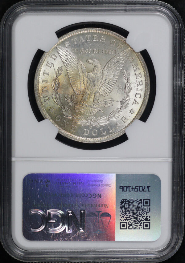 Reverse of this 1885-O Morgan Dollar NGC MS-63 – Teal & Sunset Hue Reverse Toning