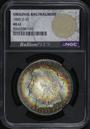Obverse of this 1885-O Morgan Dollar NGC MS-63 Rainbow Toning ORIGINAL BAG FRAGMENT
