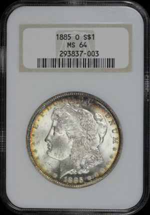Obverse of this 1885-O Morgan Dollar NGC MS-64 Old Fatty Holder